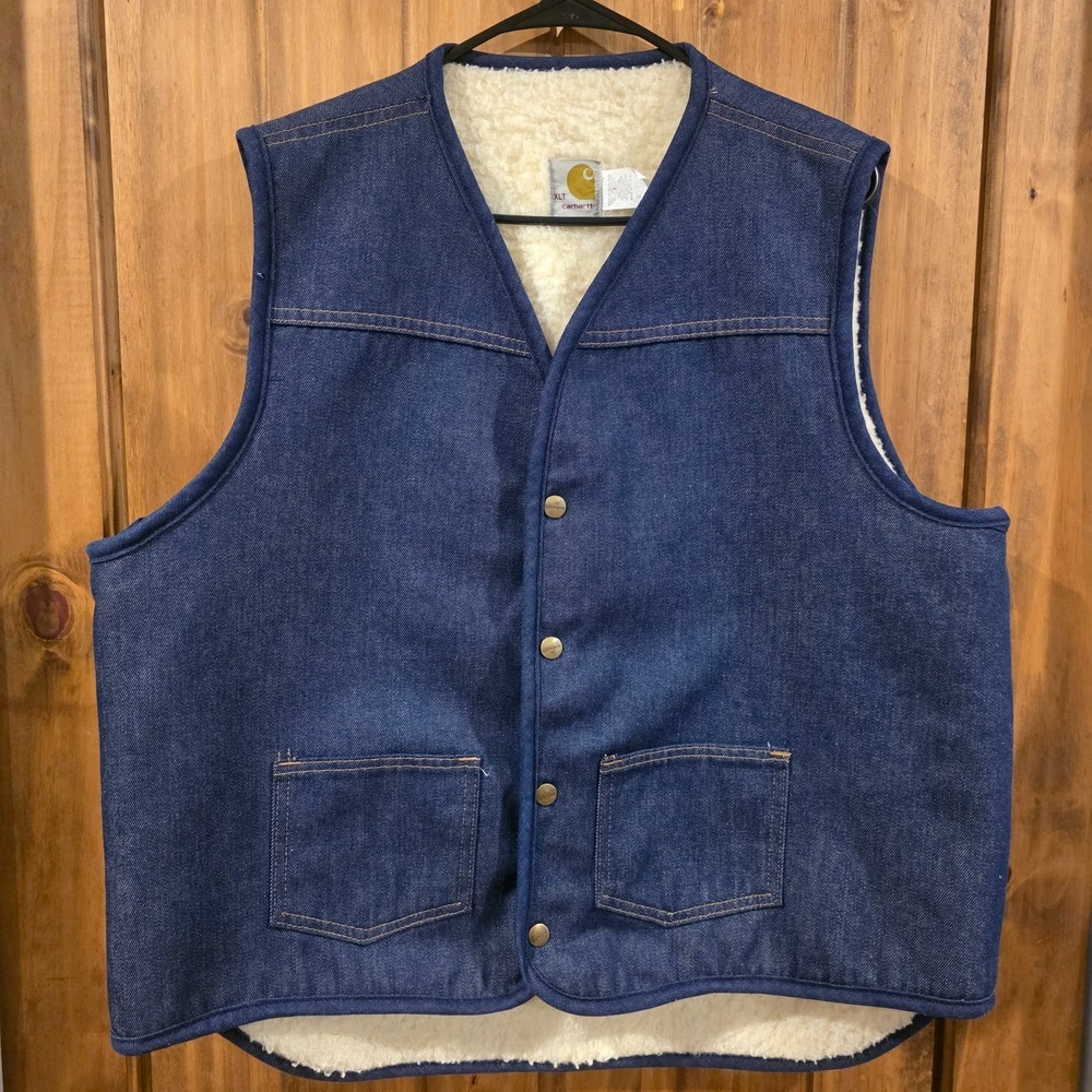 Carhartt Sherpa Lined Vest Womens‎ XLT Blue Sleeveless Snap Button Denim Vintage